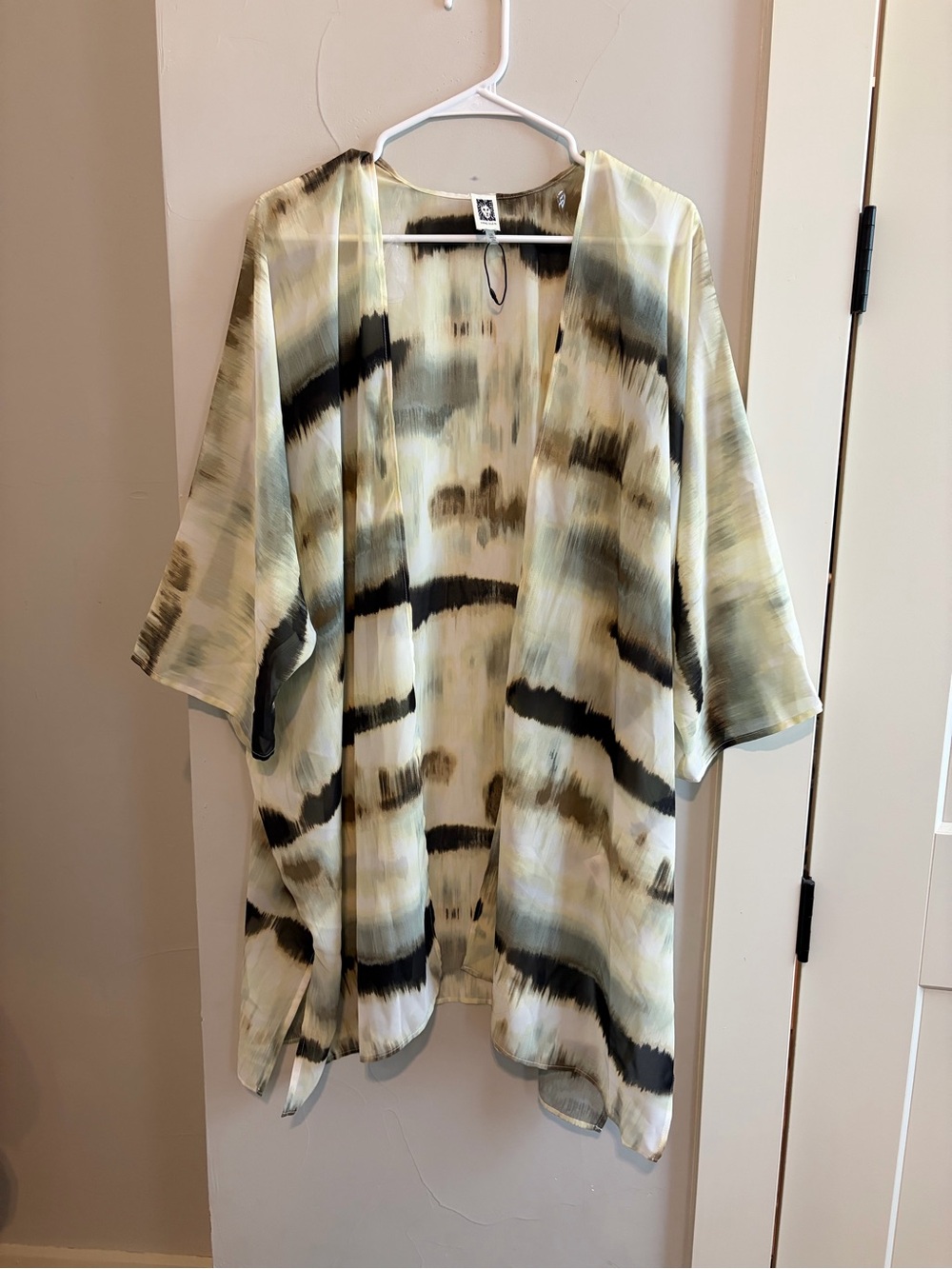 Anne Klein Light Green & Black Watercolor Kimono Cardigan